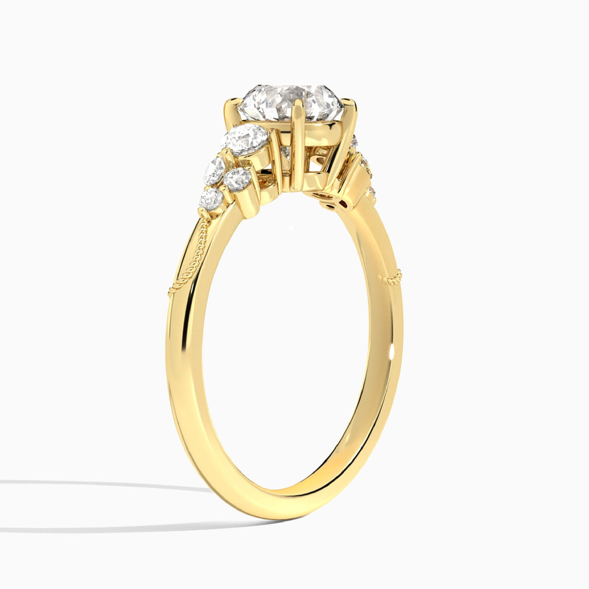Round Carnation Three Stone Lab Diamond Engagement Ring In 18K Yellow Gold, Angle View