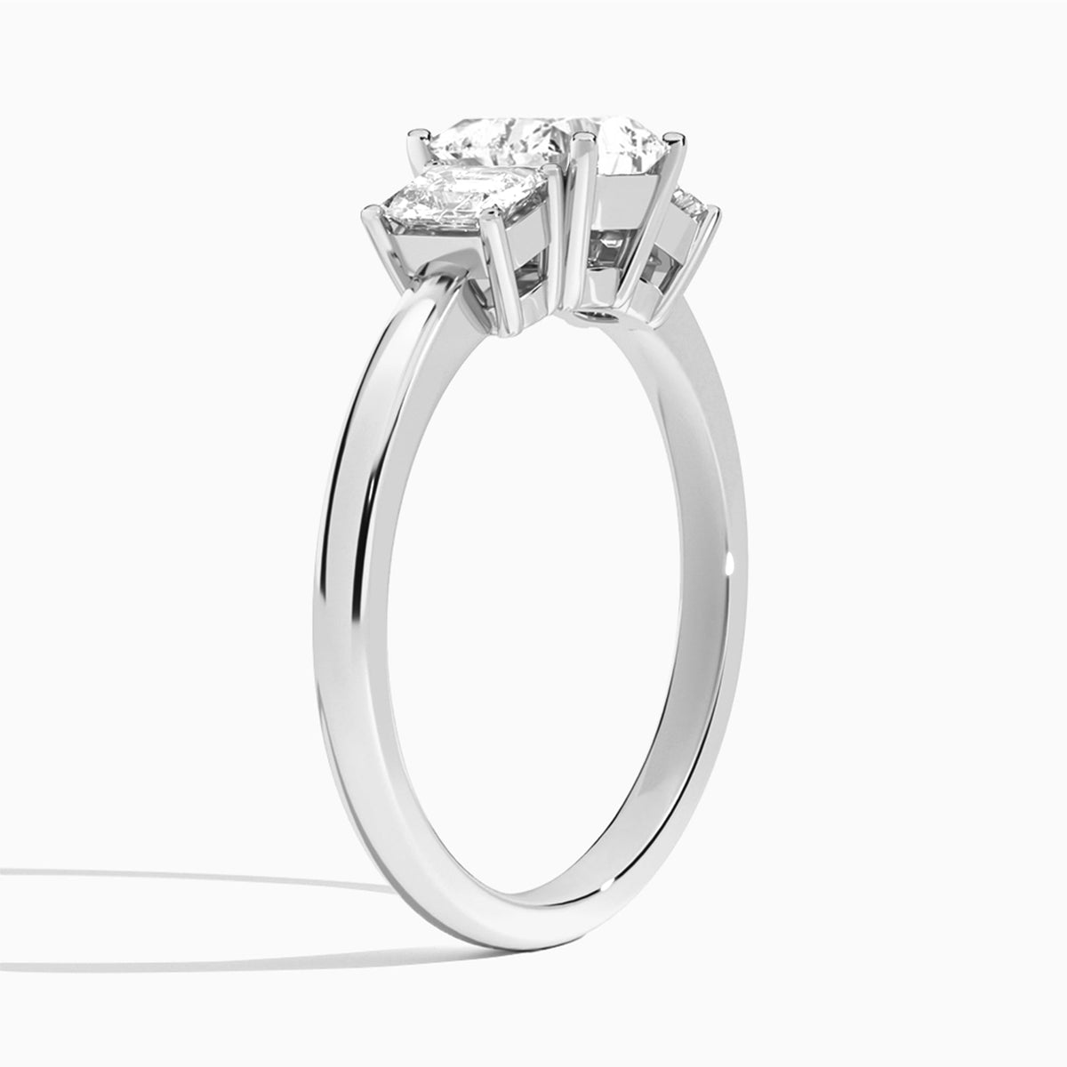 Heart Luxe Hera Three Stone Lab Diamond Engagement Ring In 18K White Gold, Angle View