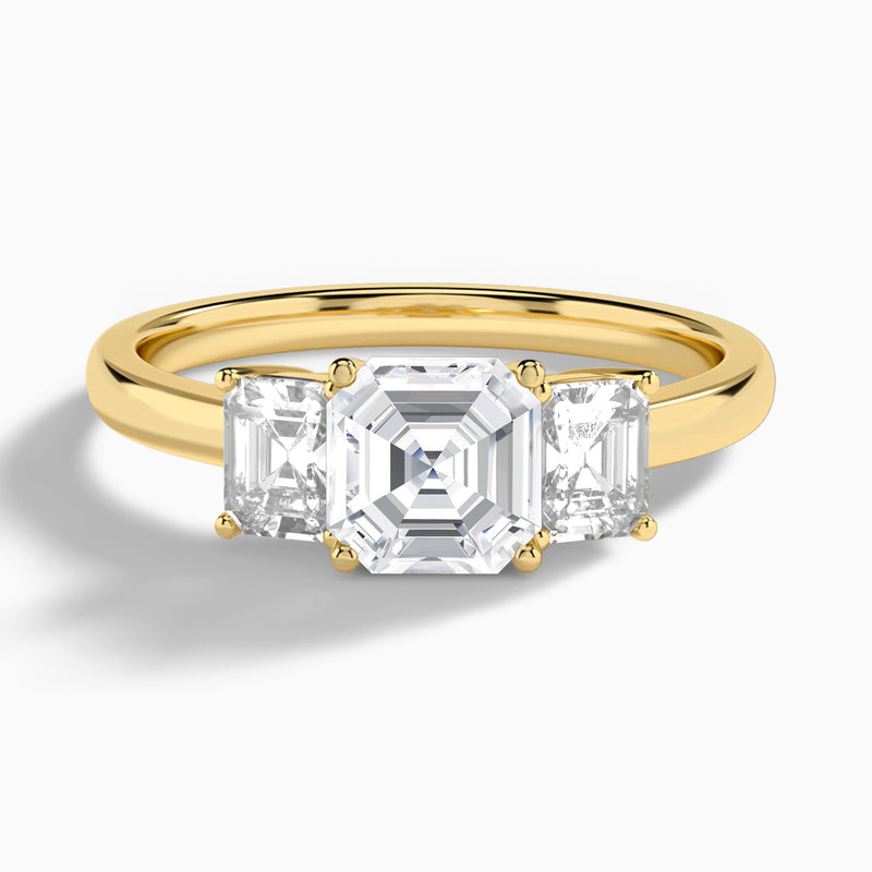 Asscher Luxe Hera Three Stone Lab Diamond Engagement Ring In 18K Yellow Gold - Lucenjuri