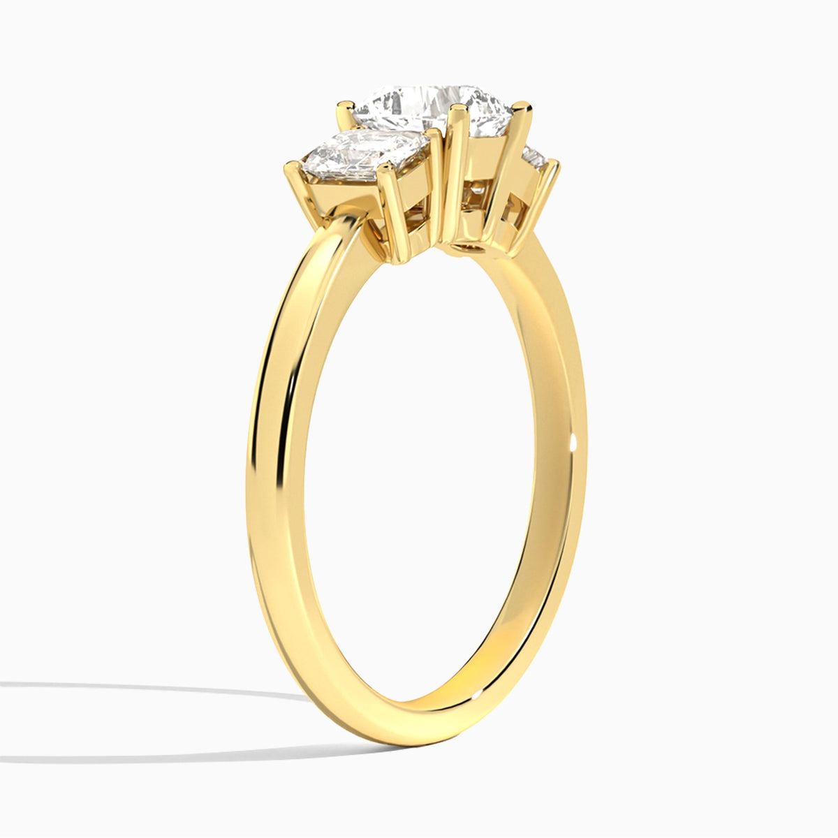 Cushion Luxe Hera Three Stone Lab Diamond Engagement Ring In 14K Yellow Gold, Angle View