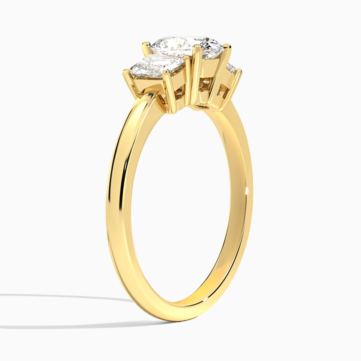 Oval Luxe Hera Three Stone Lab Diamond Engagement Ring In 18K Yellow Gold, Angle View
