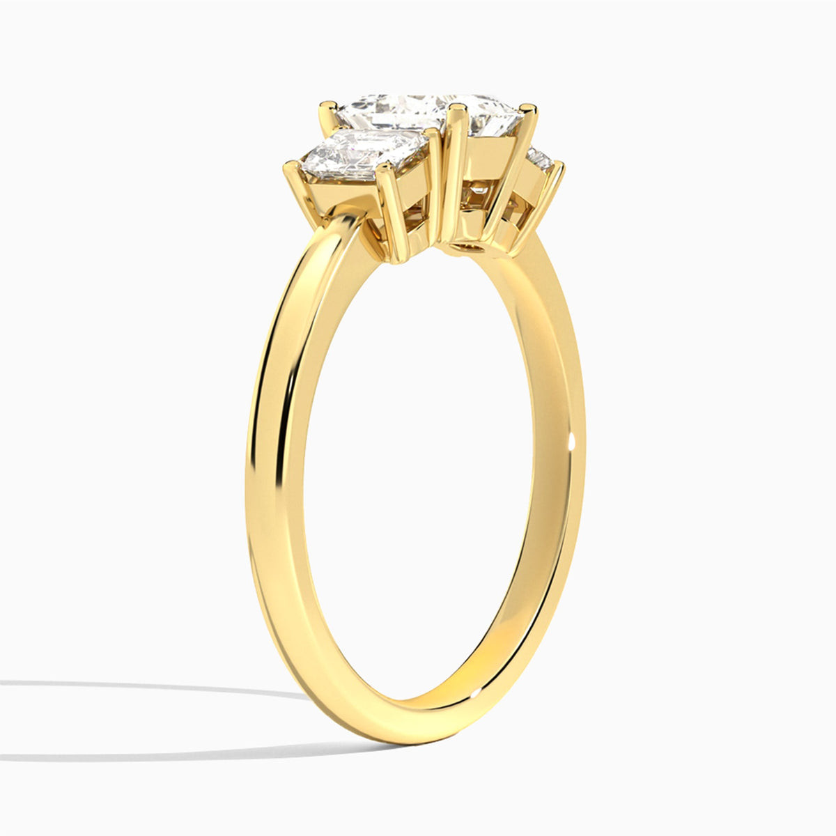 Princess Luxe Hera Three Stone Lab Diamond Engagement Ring In 14K Yellow Gold, Angle View