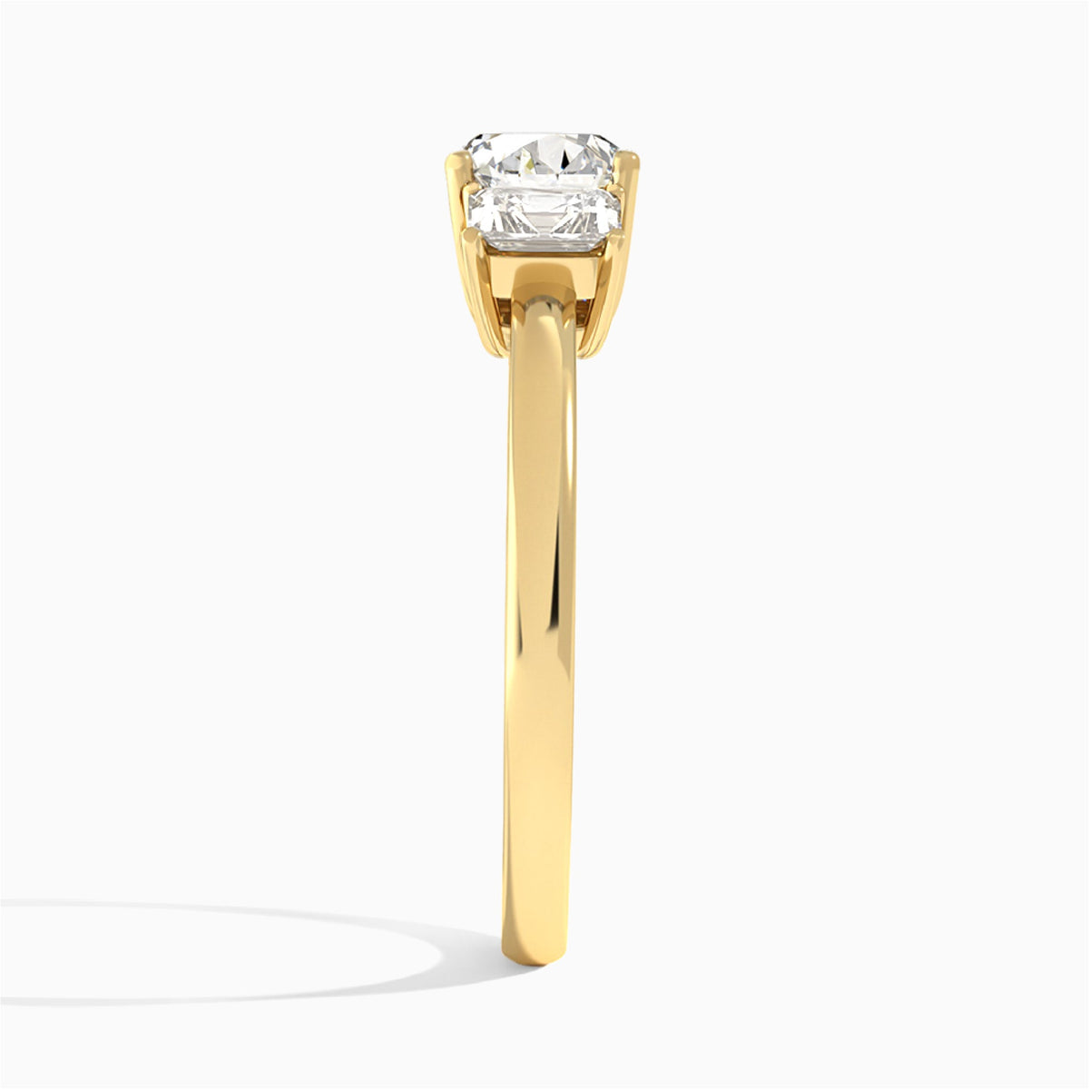 Round Luxe Hera Three Stone Lab Diamond Engagement Ring In 18K Yellow Gold, Side View