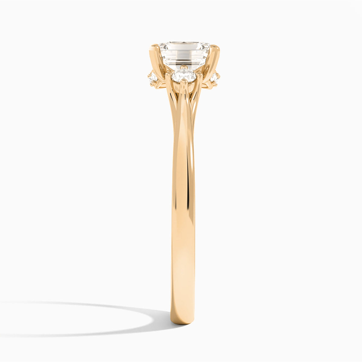 Emerald Floating Three Stone Lab Diamond Engagement Ring In 14K Rose Gold, Side View