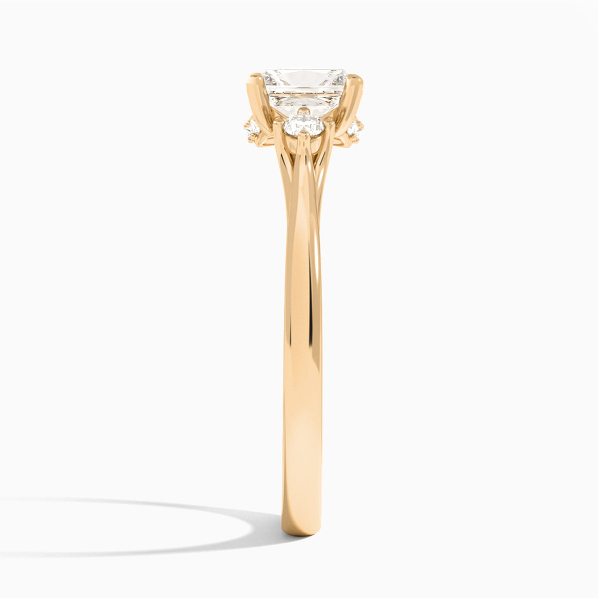 Radiant Floating Three Stone Lab Diamond Engagement Ring In 14K Rose Gold, Side View