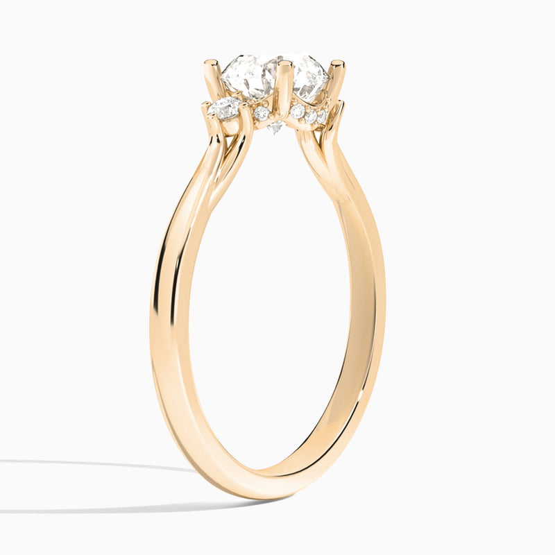 Round Floating Three Stone Lab Diamond Engagement Ring In 14K Rose Gold, Angle View