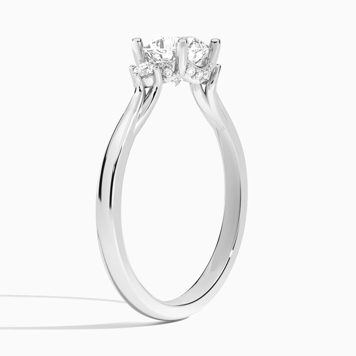 Cushion Floating Three Stone Lab Diamond Engagement Ring In 14K White Gold, Angle View