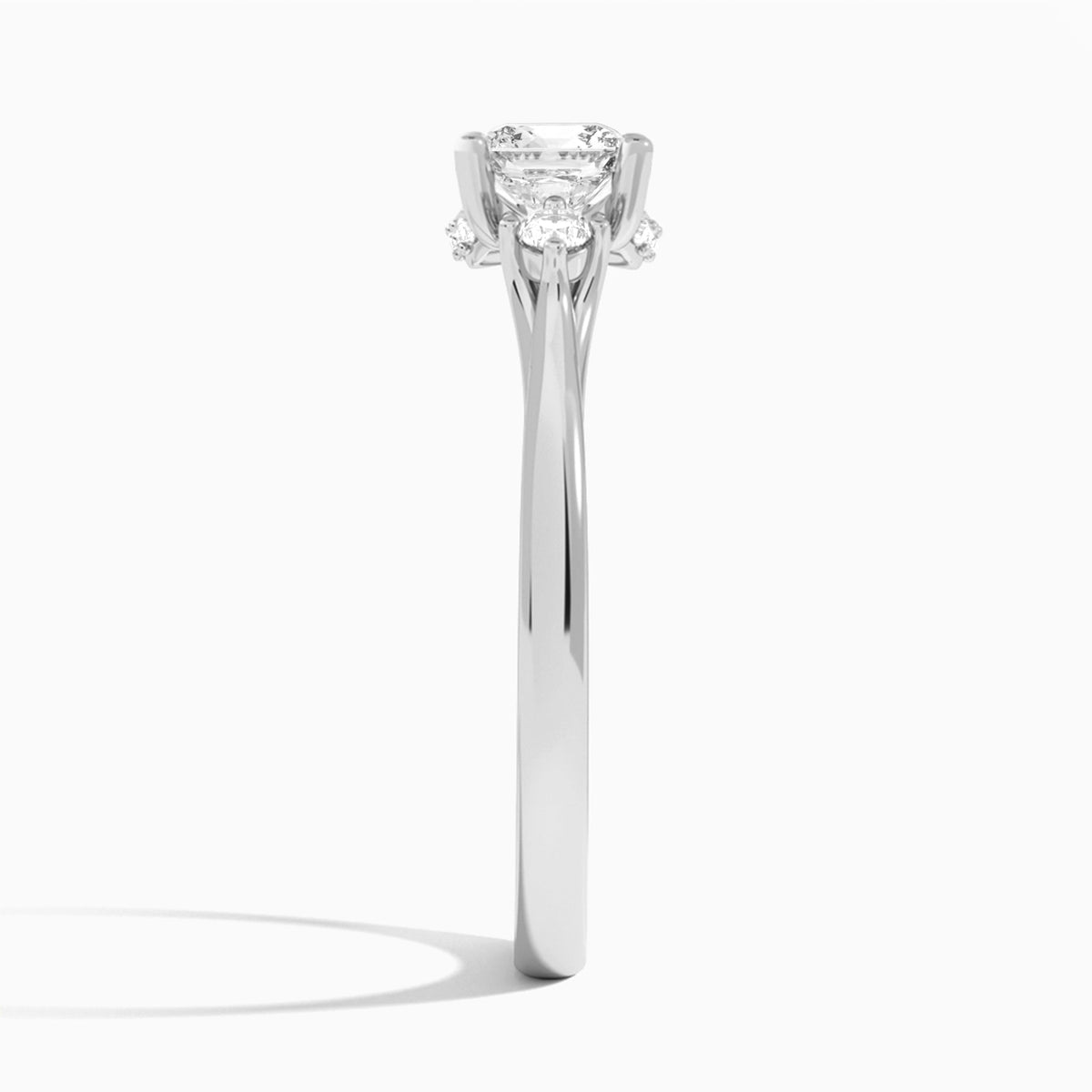 Cushion Floating Three Stone Lab Diamond Engagement Ring In 18K White Gold, Side View