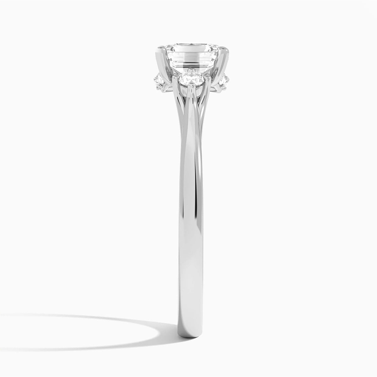 Emerald Floating Three Stone Lab Diamond Engagement Ring In 14K White Gold, Side View