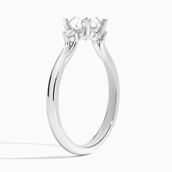 Round Floating Three Stone Lab Diamond Engagement Ring In 14K White Gold, Angle View