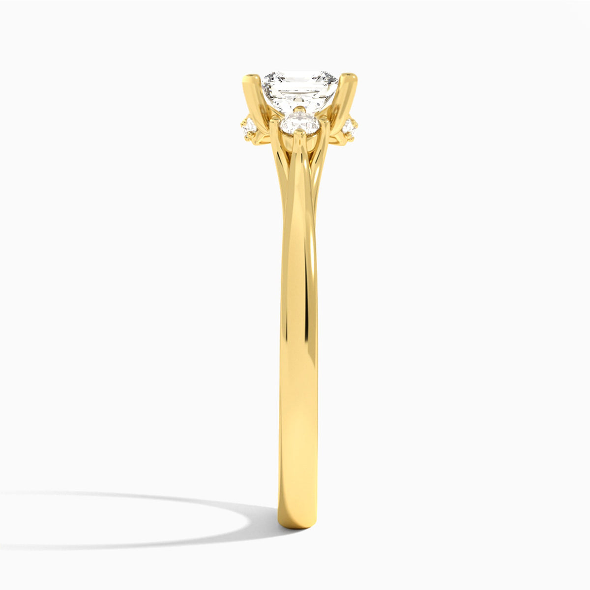 Asscher Floating Three Stone Lab Diamond Engagement Ring In 18K Yellow Gold, Side View