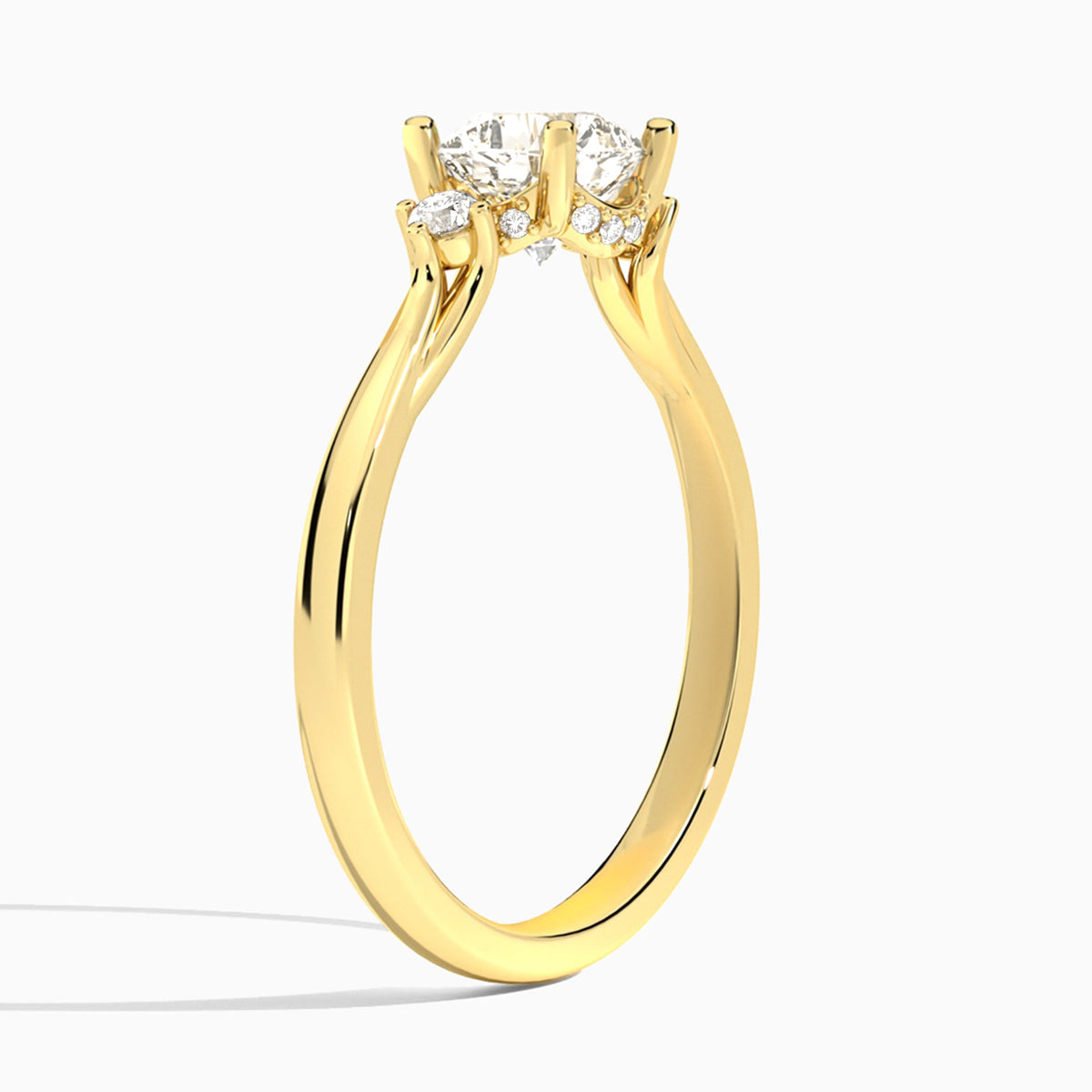 Cushion Floating Three Stone Lab Diamond Engagement Ring In 14K Yellow Gold, Angle View