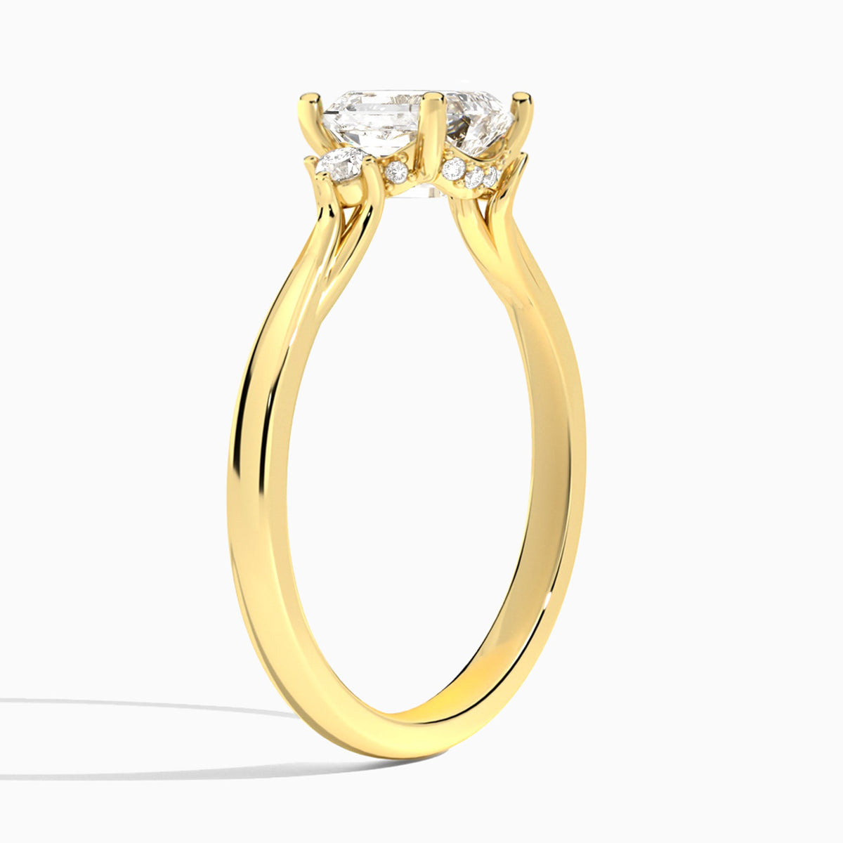 Emerald Floating Three Stone Lab Diamond Engagement Ring In 18K Yellow Gold, Angle View