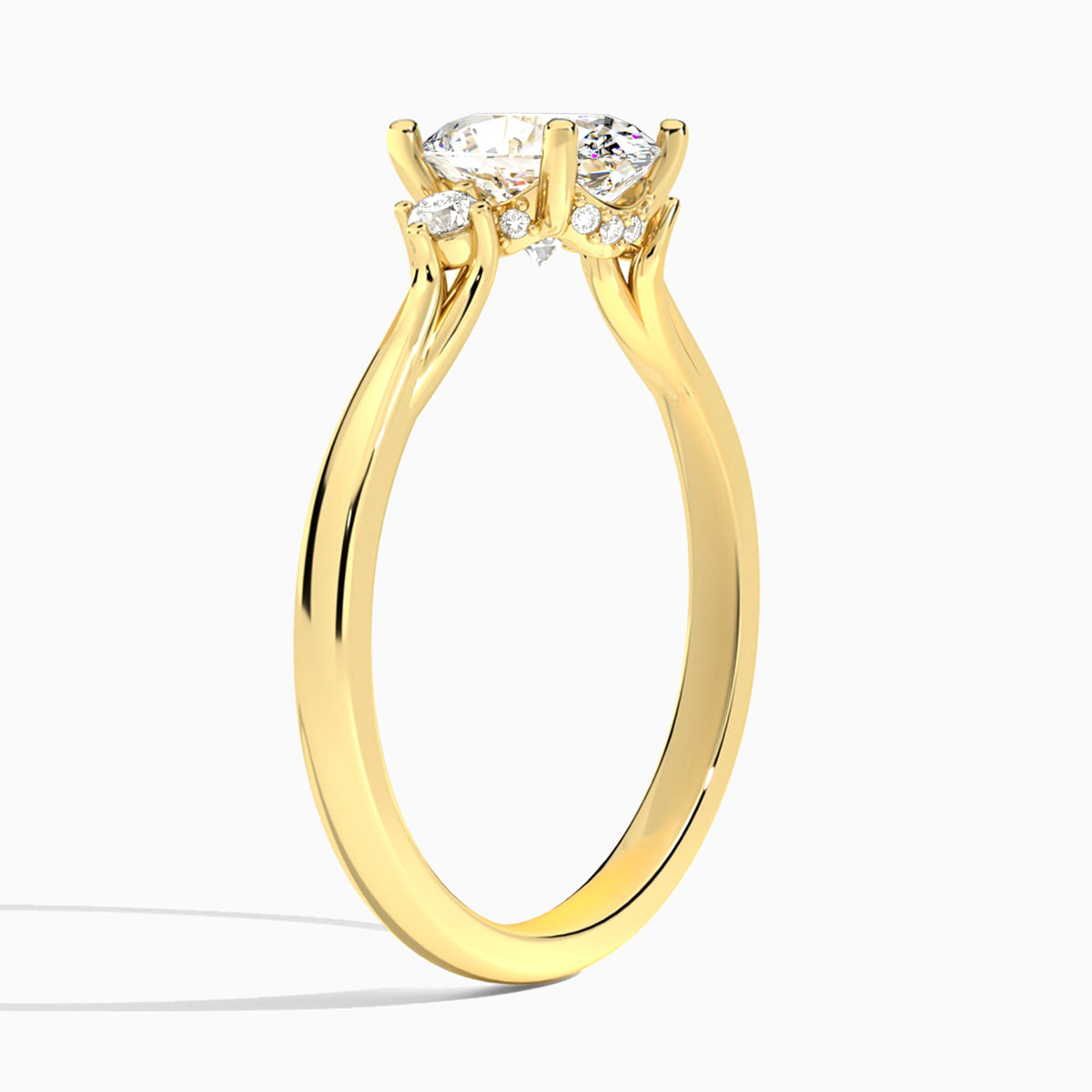 Oval Floating Three Stone Lab Diamond Engagement Ring In 18K Yellow Gold, Angle View