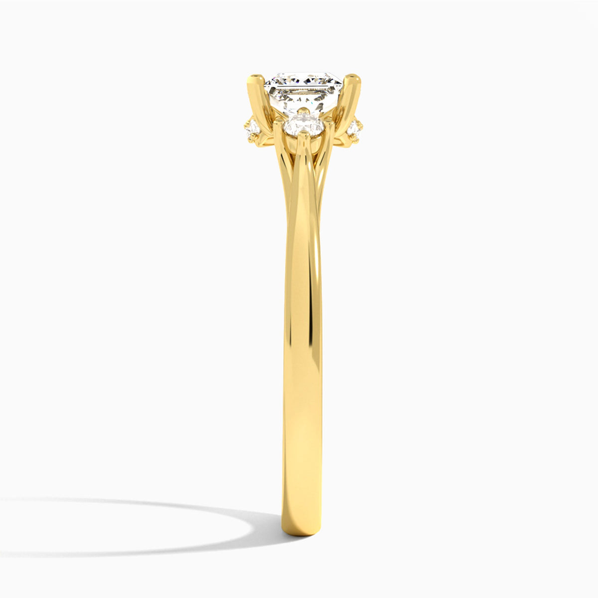 Princess Floating Three Stone Lab Diamond Engagement Ring In 14K Yellow Gold, Side View