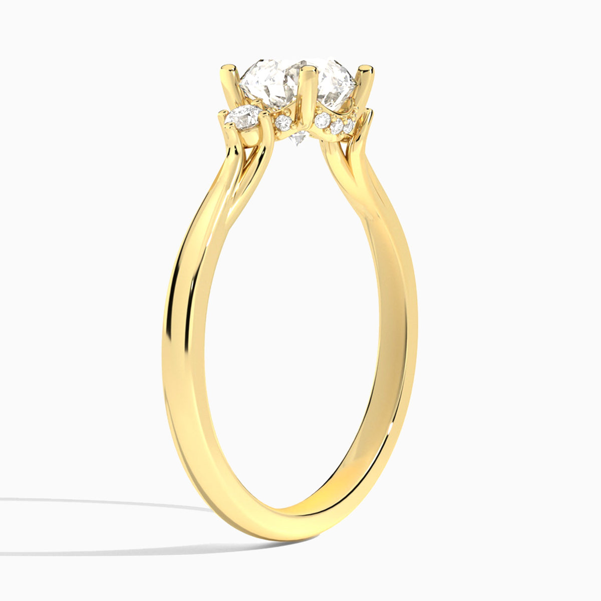 Round Floating Three Stone Lab Diamond Engagement Ring In 14K Yellow Gold, Angle View