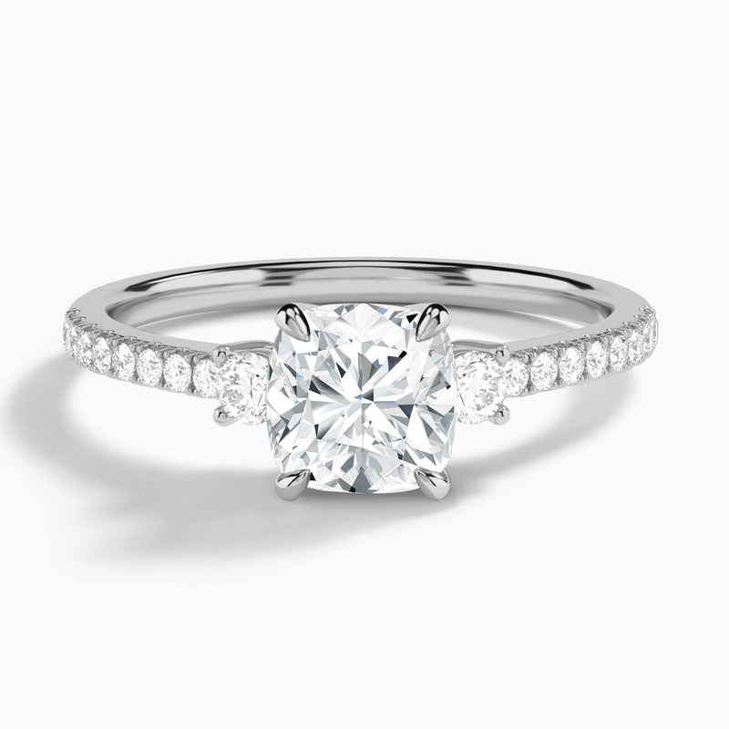 Cushion Muse Three Stone Lab Grown Diamond Engagement Ring In Platinum - Lucenjuri