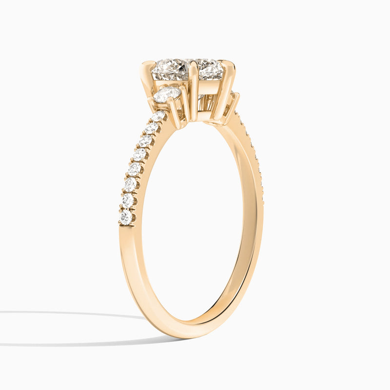 Heart Muse Three Stone Lab Diamond Engagement Ring In 14K Rose Gold, Angle View