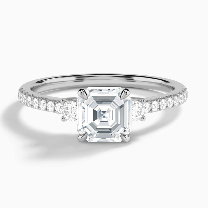 Asscher Muse Three Stone Lab Diamond Engagement Ring In 18K White Gold - Lucenjuri