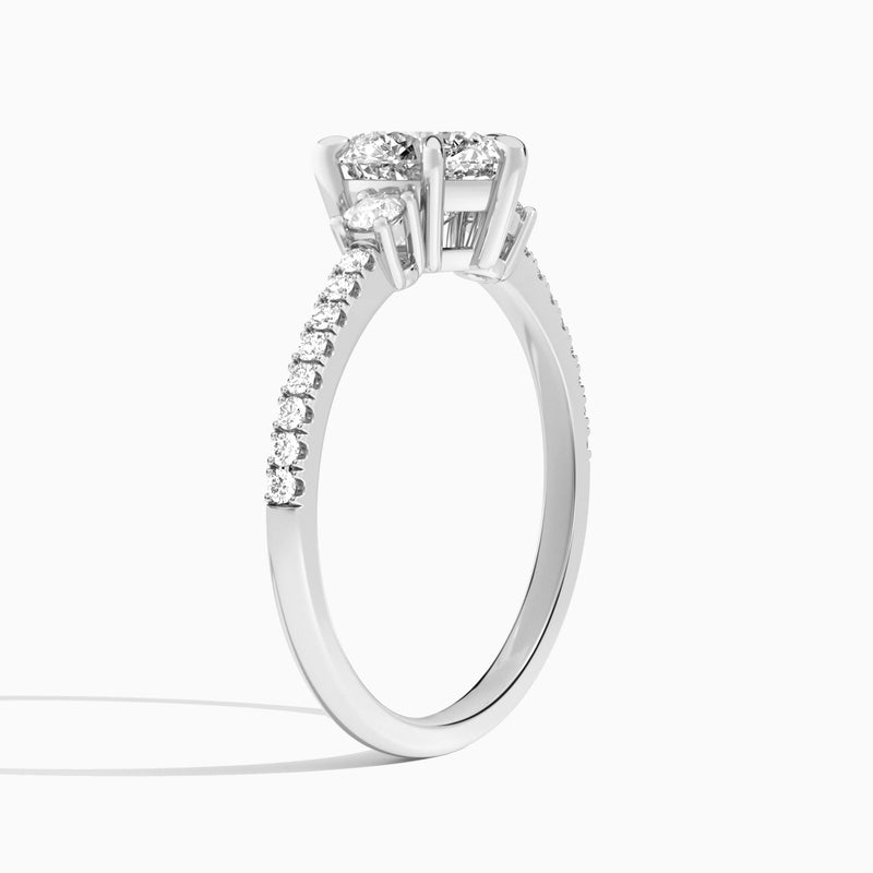 Heart Muse Three Stone Lab Diamond Engagement Ring In 18K White Gold, Angle View