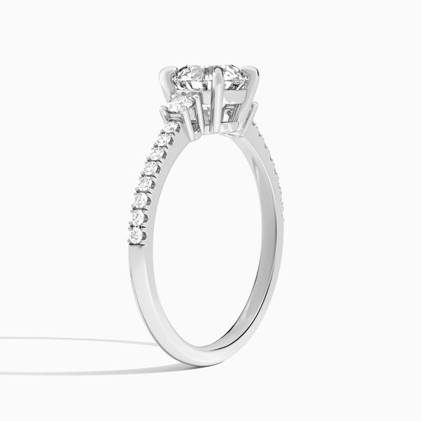 Round Muse Three Stone Lab Diamond Engagement Ring In 14K White Gold, Angle View