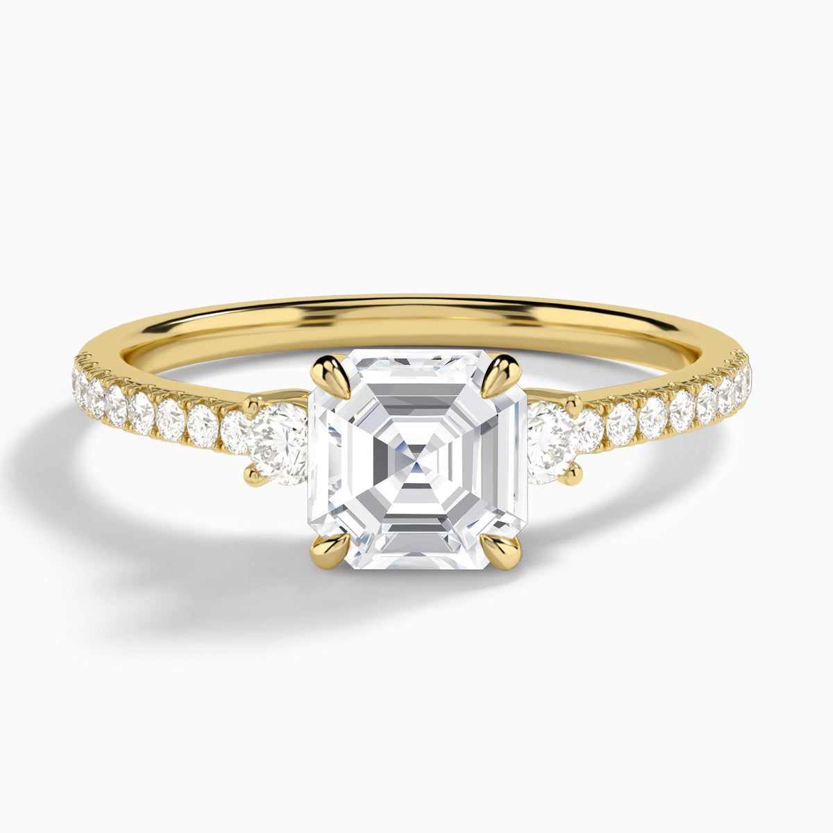 Asscher Muse Three Stone Lab Diamond Engagement Ring In 18K Yellow Gold - Lucenjuri