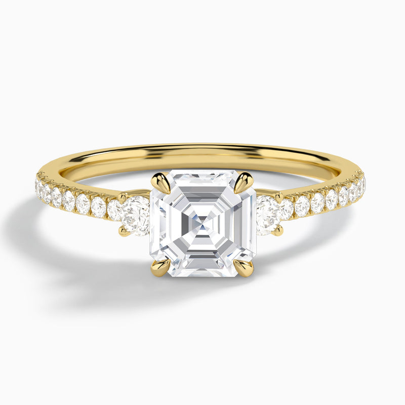 Asscher Muse Three Stone Lab Diamond Engagement Ring In 14K Yellow Gold - Lucenjuri