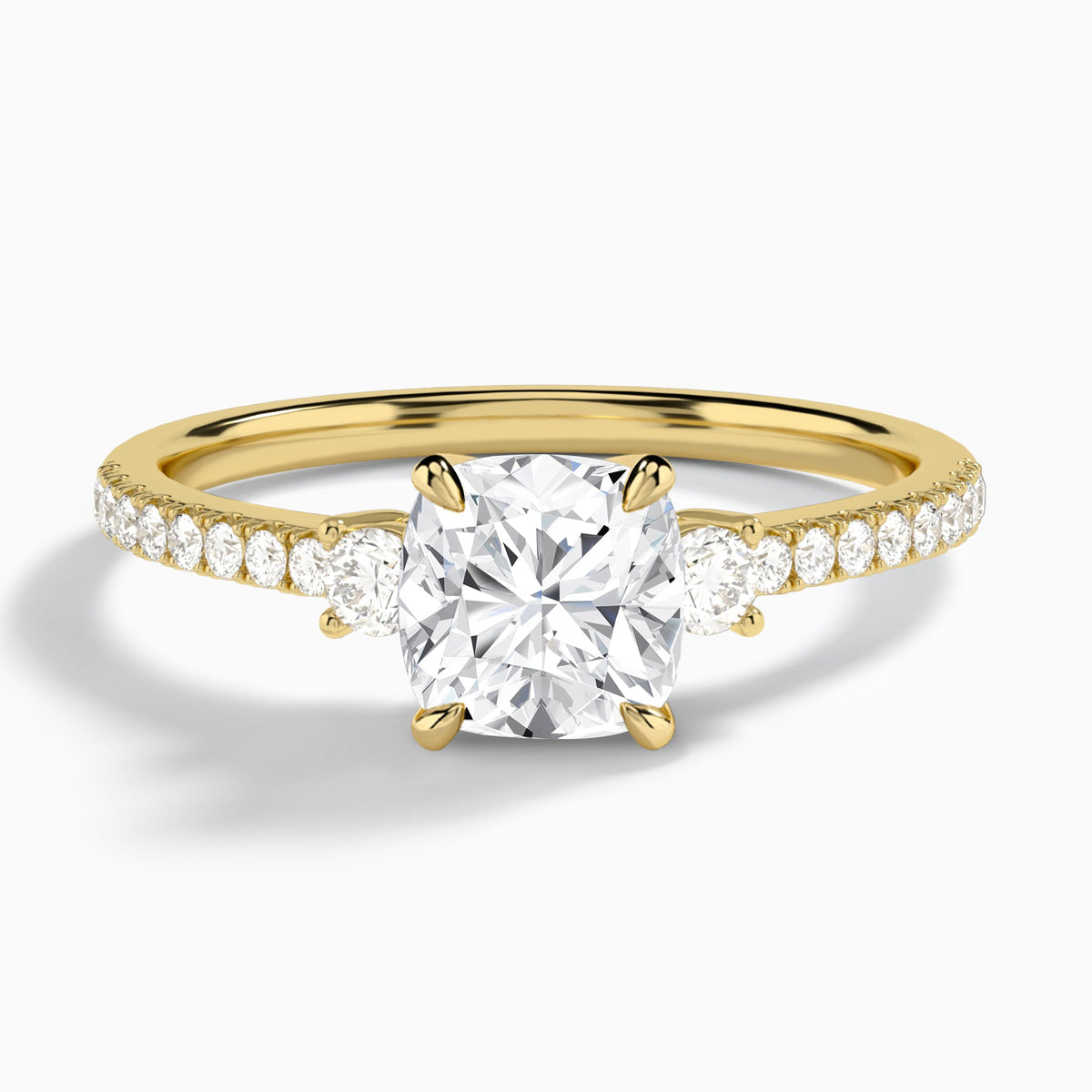 Cushion Muse Three Stone Lab Diamond Engagement Ring In 14K Yellow Gold - Lucenjuri