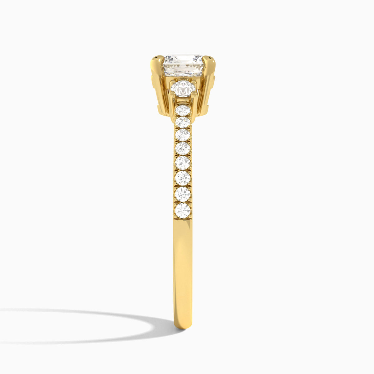 Cushion Muse Three Stone Lab Diamond Engagement Ring In 14K Yellow Gold, Side View