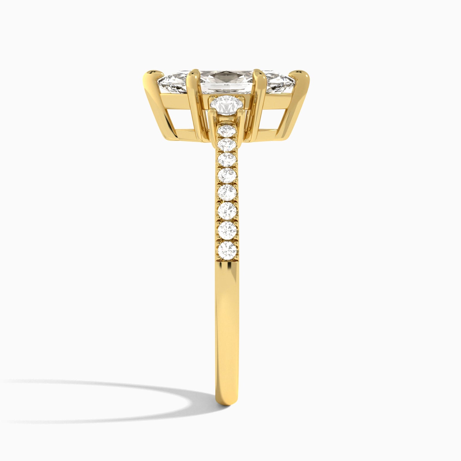 Marquise Muse Three Stone Lab Diamond Engagement Ring In 14K Yellow Gold, Side View