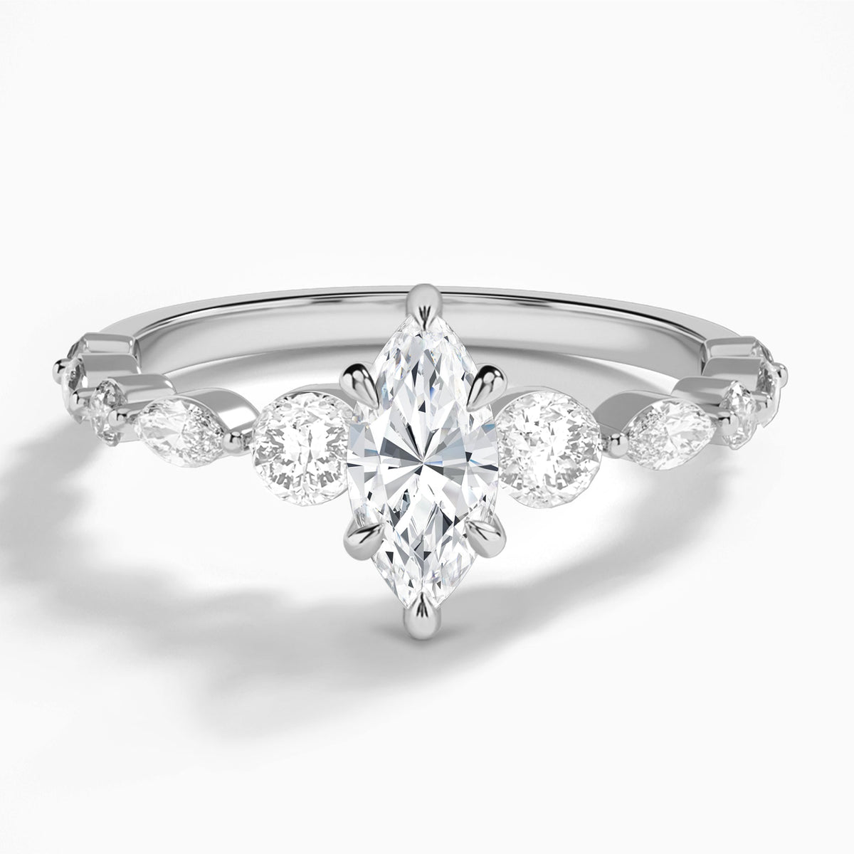 Marquise Chateau Three Stone Lab Grown Diamond Engagement Ring In Platinum - Lucenjuri