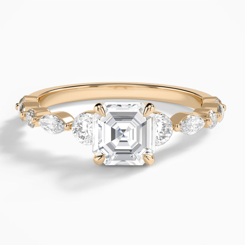 Asscher Chateau Three Stone Lab Diamond Engagement Ring In 14K Rose Gold - Lucenjuri