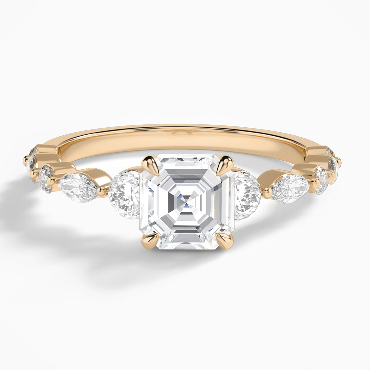 Asscher Chateau Three Stone Lab Diamond Engagement Ring In 14K Rose Gold - Lucenjuri