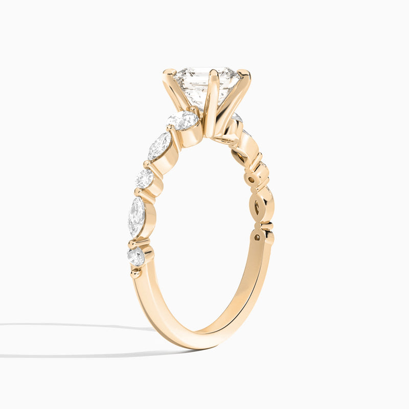 Asscher Chateau Three Stone Lab Diamond Engagement Ring In 14K Rose Gold, Angle View