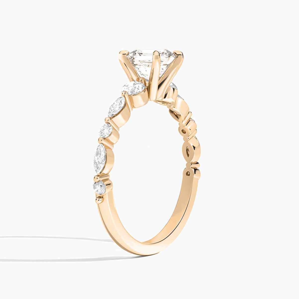 Asscher Chateau Three Stone Lab Diamond Engagement Ring In 14K Rose Gold, Angle View