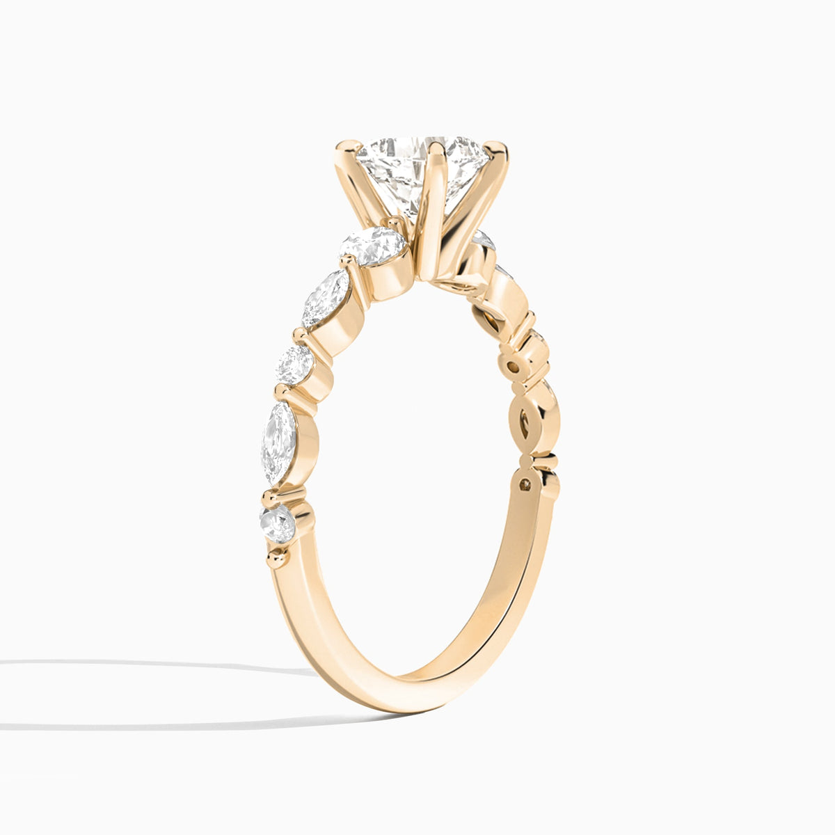 Cushion Chateau Three Stone Lab Diamond Engagement Ring In 14K Rose Gold, Angle View