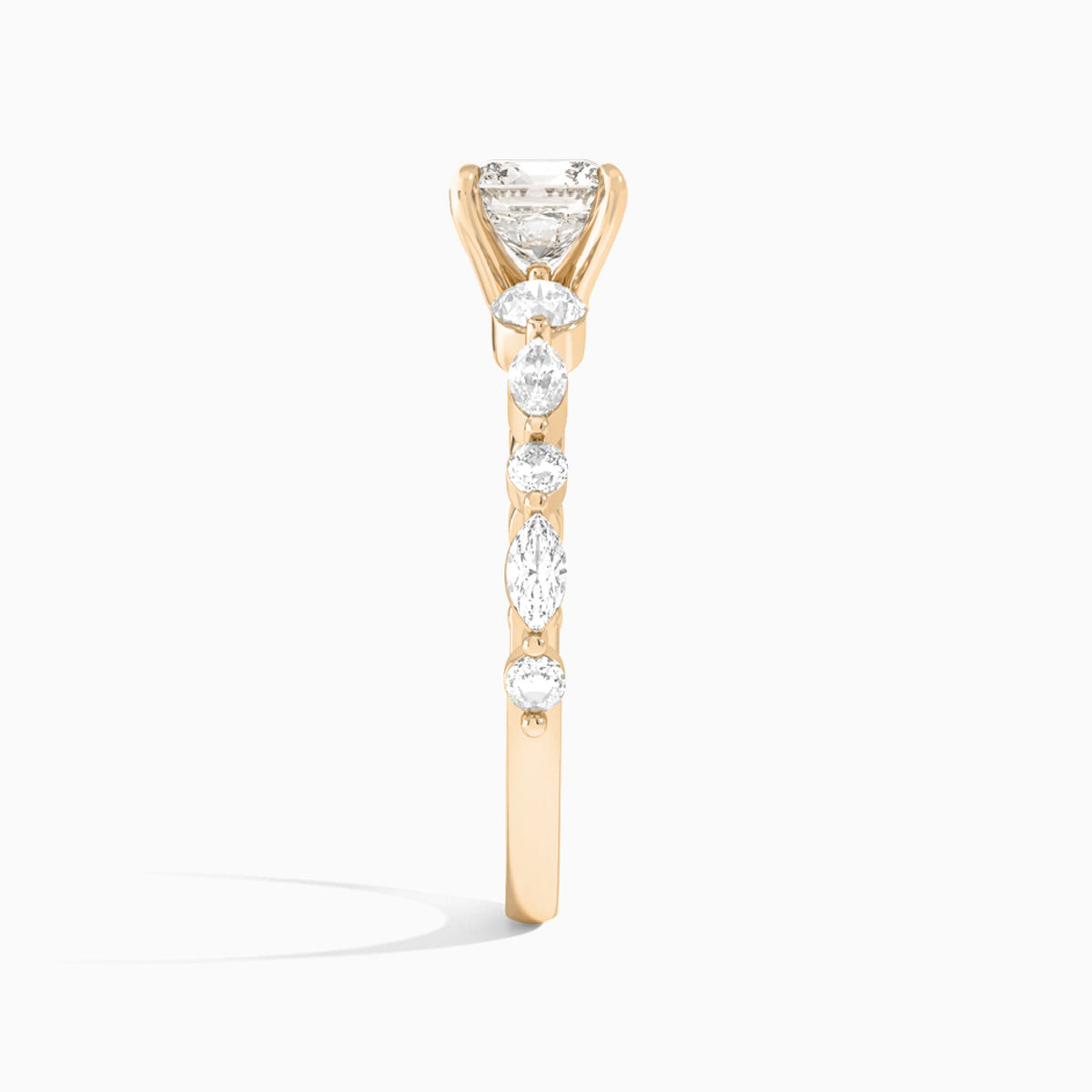 Cushion Chateau Three Stone Lab Diamond Engagement Ring In 14K Rose Gold, Side View