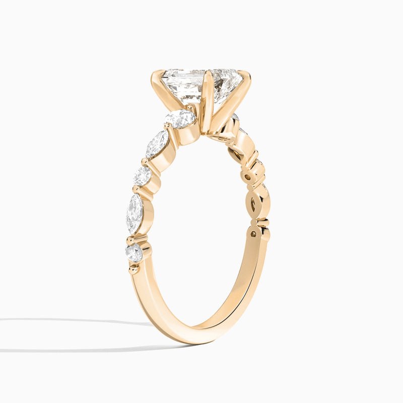Emerald Chateau Three Stone Lab Diamond Engagement Ring In 14K Rose Gold, Angle View