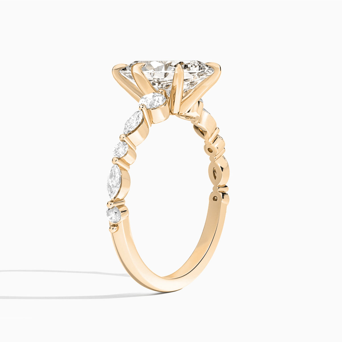 Marquise Chateau Three Stone Lab Diamond Engagement Ring In 14K Rose Gold, Angle View