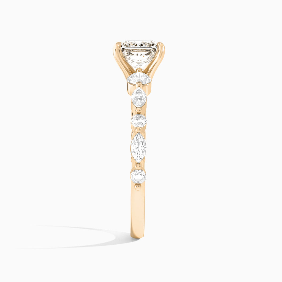Princess Chateau Three Stone Lab Diamond Engagement Ring In 14K Rose Gold, Side View