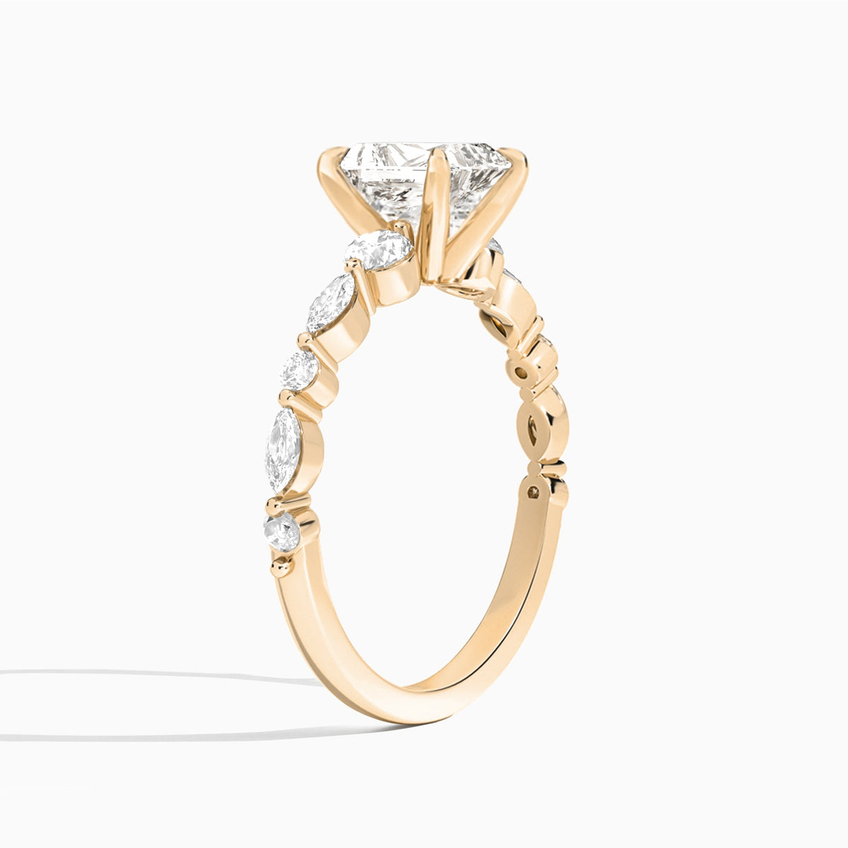 Radiant Chateau Three Stone Lab Diamond Engagement Ring In 14K Rose Gold, Angle View