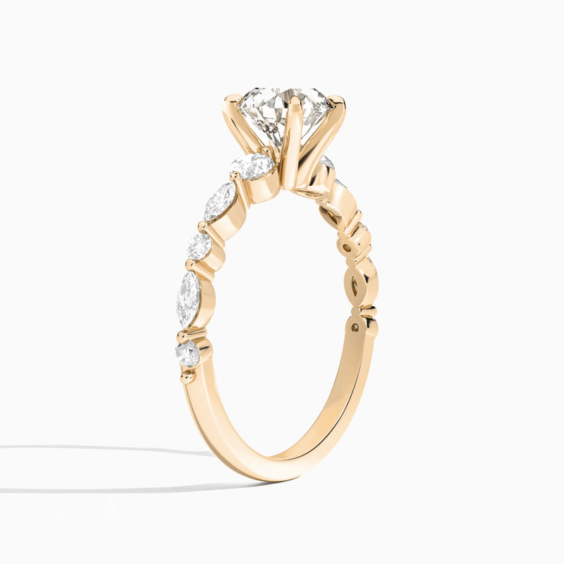 Round Chateau Three Stone Lab Diamond Engagement Ring In 14K Rose Gold, Angle View