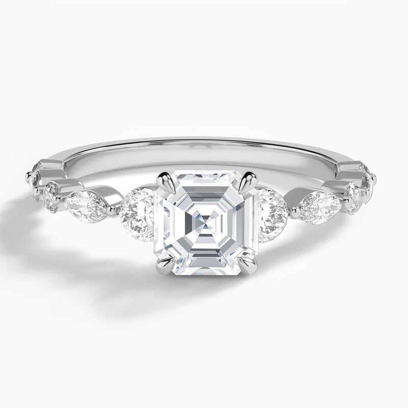 Asscher Chateau Three Stone Lab Diamond Engagement Ring In 18K White Gold - Lucenjuri