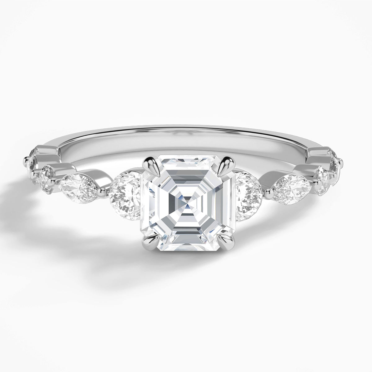 Asscher Chateau Three Stone Lab Diamond Engagement Ring In 14K White Gold - Lucenjuri