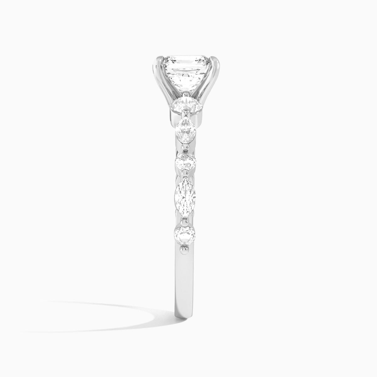 Asscher Chateau Three Stone Lab Diamond Engagement Ring In 14K White Gold, Side View