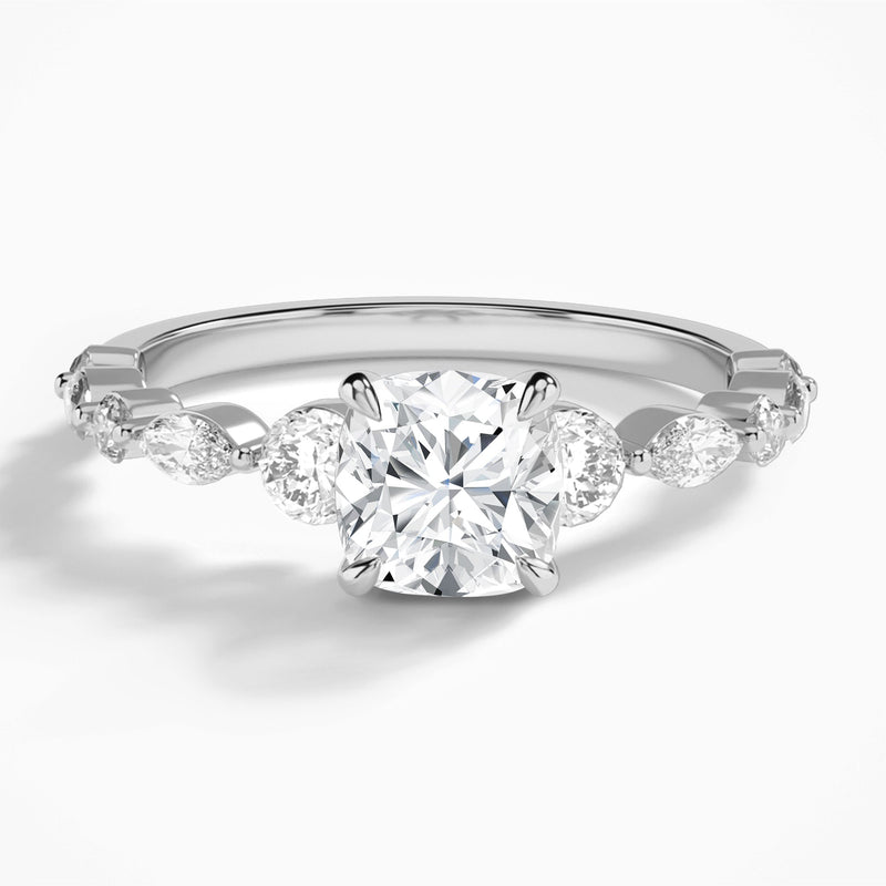Cushion Chateau Three Stone Lab Diamond Engagement Ring In 18K White Gold - Lucenjuri
