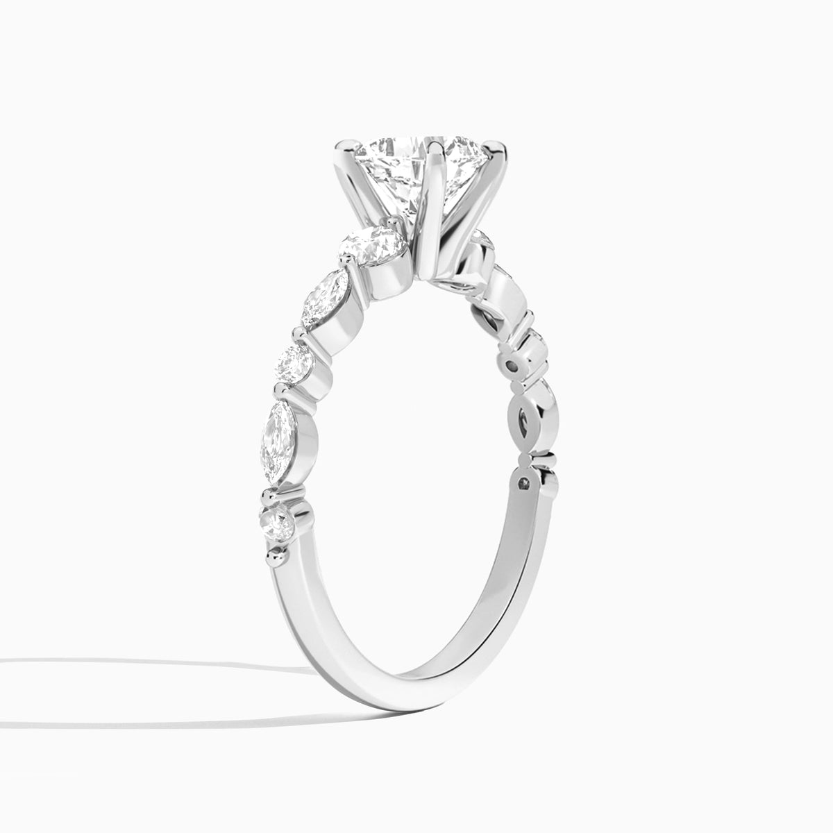 Cushion Chateau Three Stone Lab Diamond Engagement Ring In 18K White Gold, Angle View