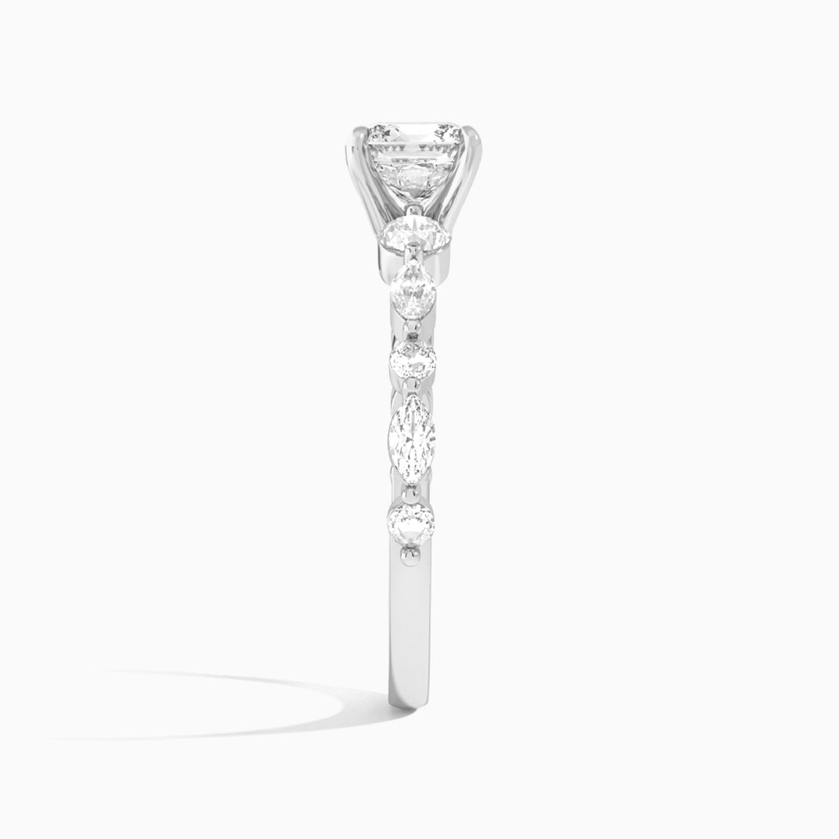 Cushion Chateau Three Stone Lab Diamond Engagement Ring In 18K White Gold, Side View