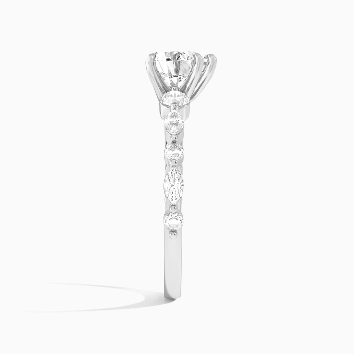 Heart Chateau Three Stone Lab Diamond Engagement Ring In 14K White Gold, Side View