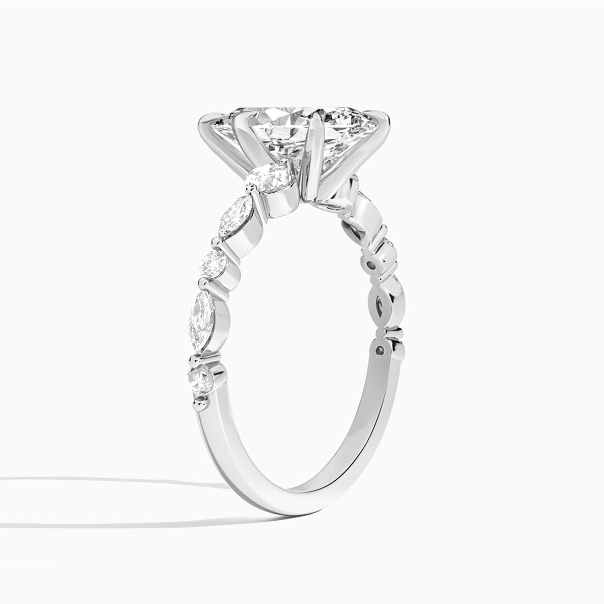 Marquise Chateau Three Stone Lab Diamond Engagement Ring In 18K White Gold, Angle View
